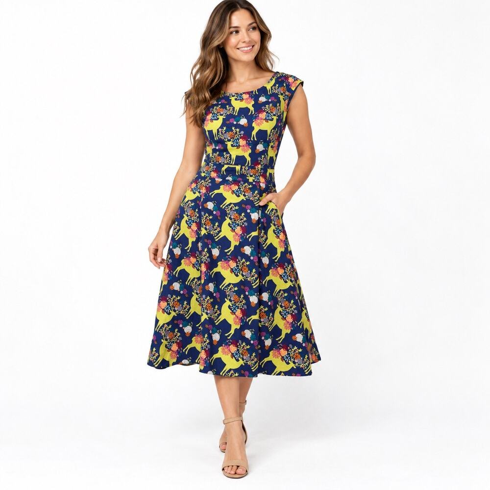 Retrolicious Deer Floral Dress Women M Fit Flare Woodland Print Made USA